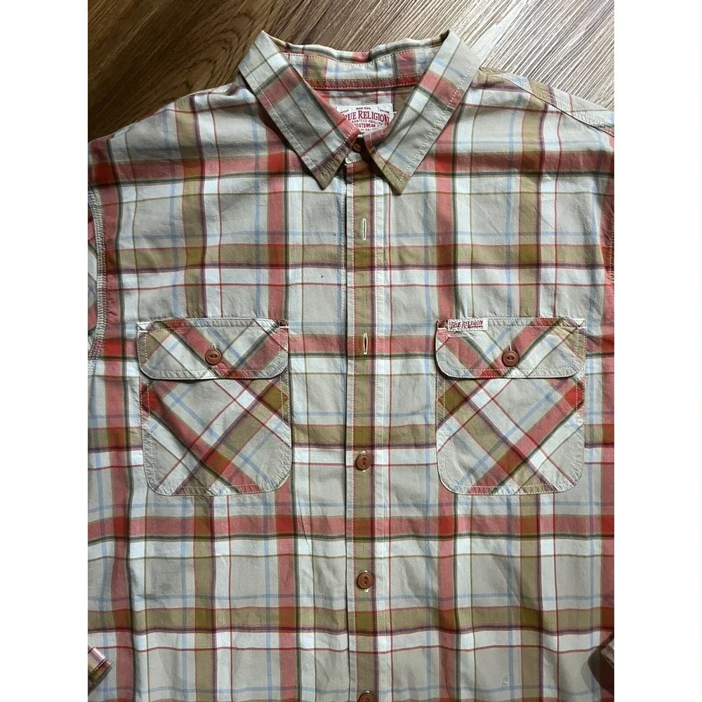 True Religion Shirt Plaid Button Up Men's Long Sleeve Casual Beige‎ XXXL